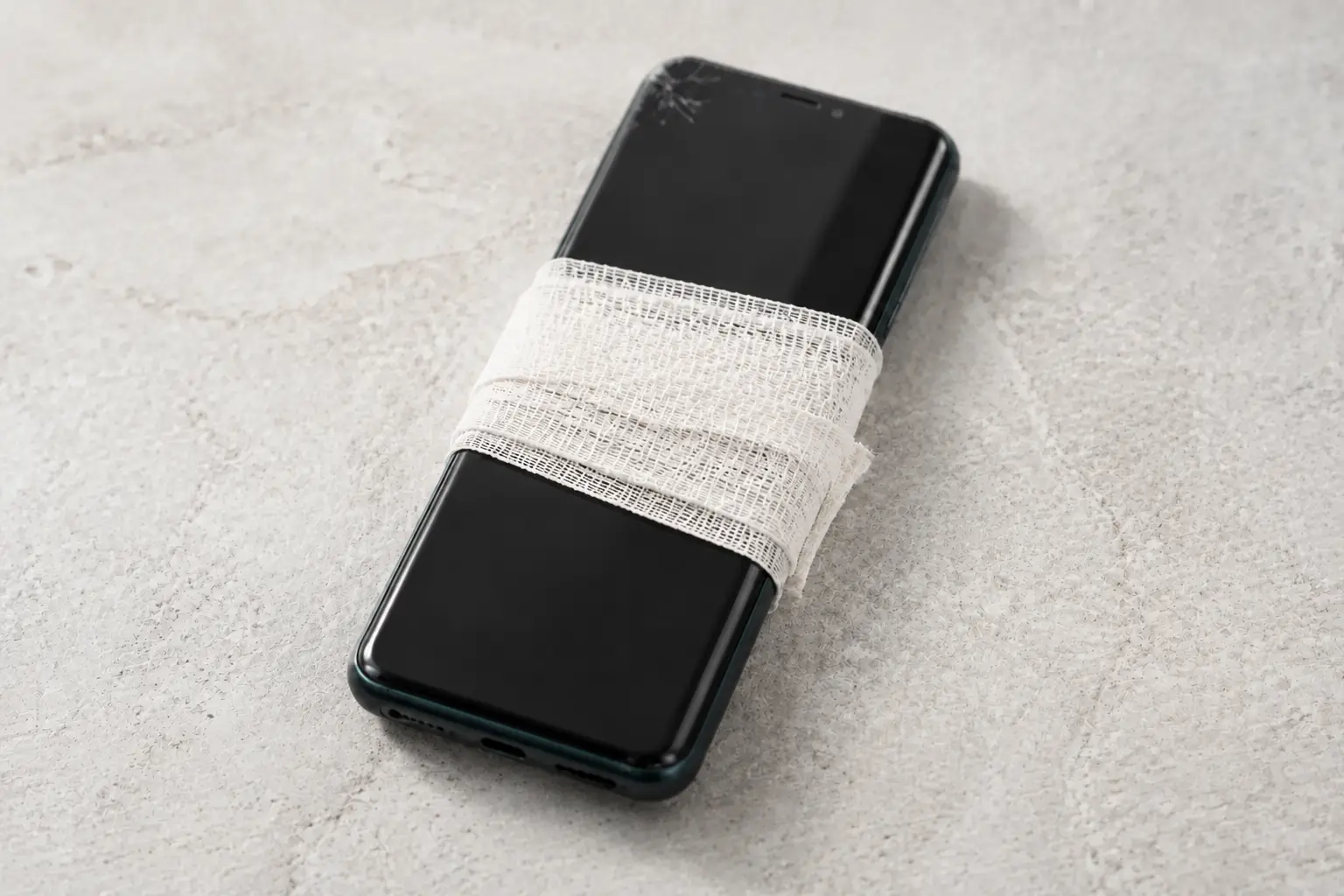 Smartphone mit deutlich erkennbarem Verband als Motiv der Handyklinik