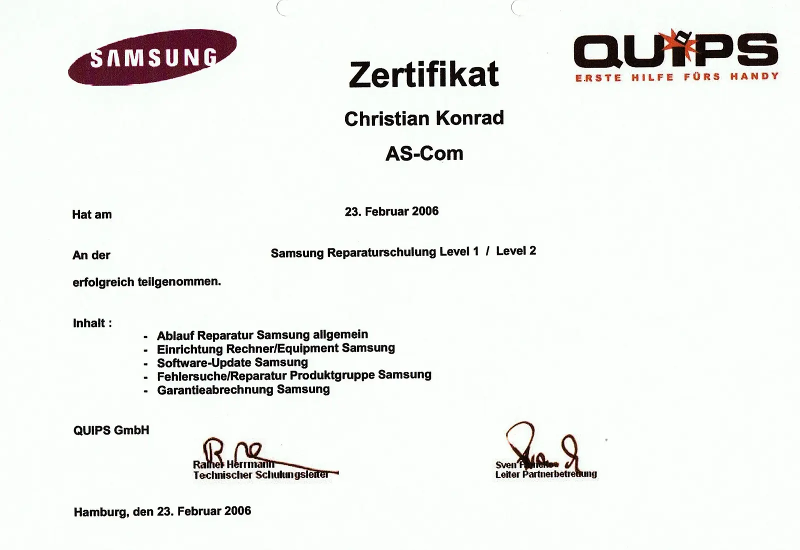 Qualifikationszertifikat von Christian Konrad für eine Reparaturschulung Level 1 und Level 2