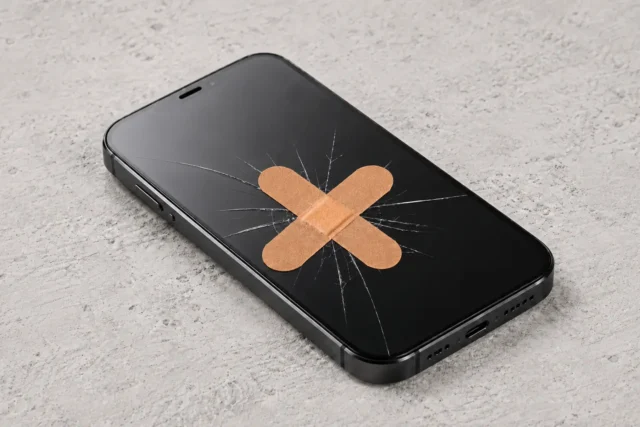 Smartphone mit zwei gekreuzten Pflastern über einem deutlich sichtbaren Displayschaden